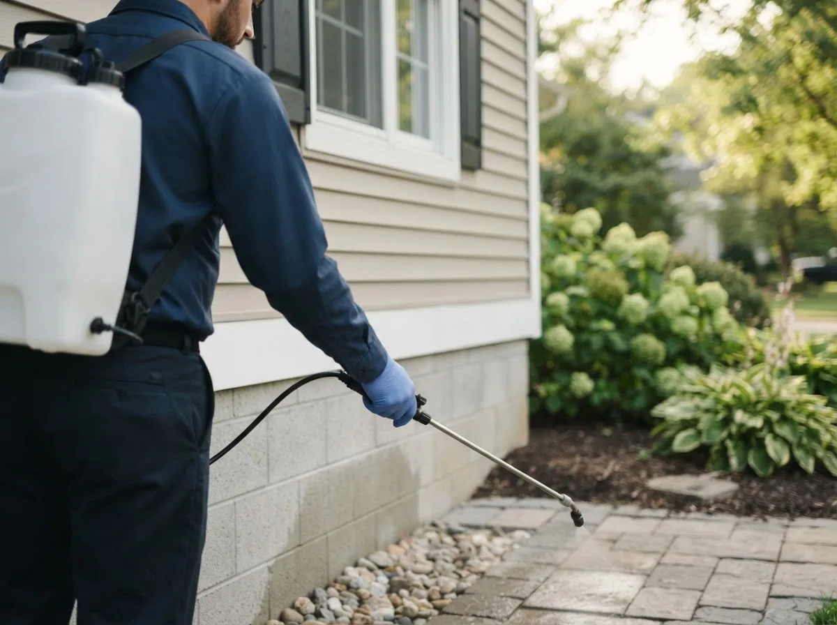 Pest control technician inspecting a home in Mcgrann, PA